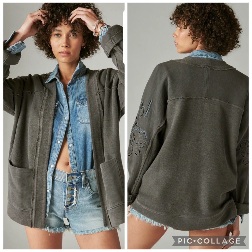 Lucky Brand‎ Grey Embroidered Eyelet Lace Open Front Cardigan Sweatshirt M/L